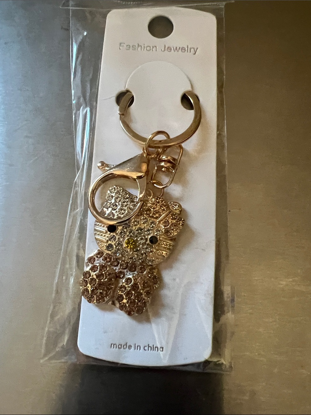 Gold Crystal Cat Keychain Charm - Fashion Jewelry